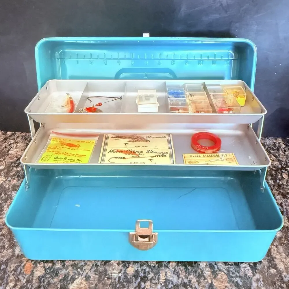 Vintage Loc-Wel 1356 Blue Metal Tackle Box Liberty Steel Fishing Lures USA 13”